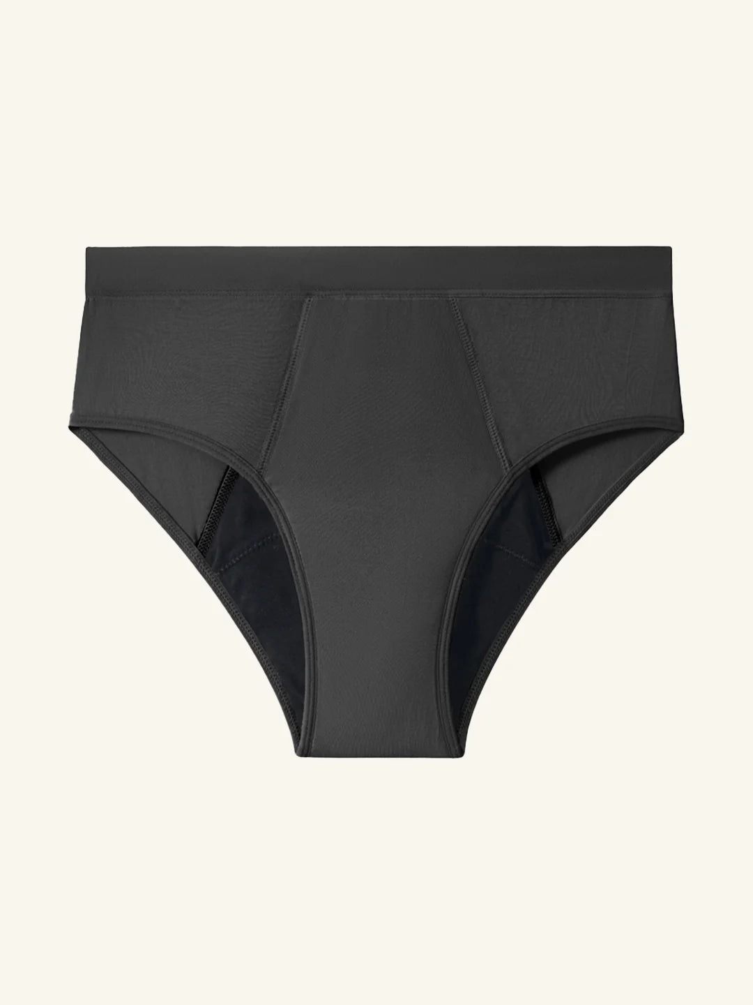 Menstruatie ondergoed zwart, losse invisible hugger in vooraanzicht tegen een lichte achtergrond