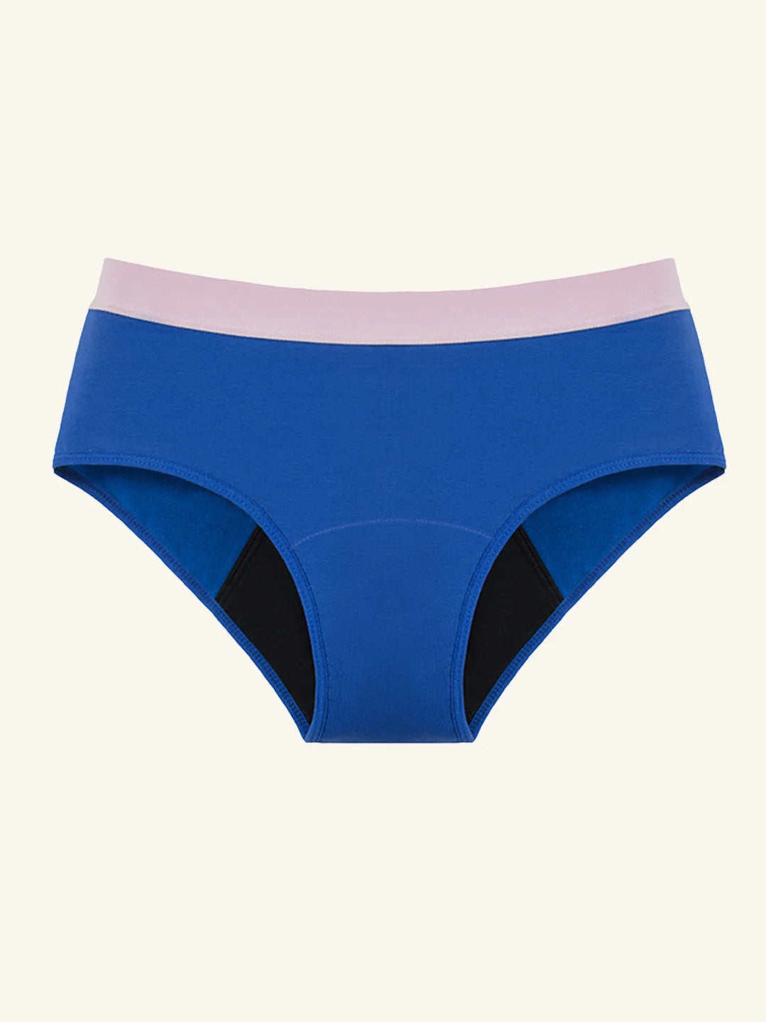 Menstruatie ondergoed blauw roze, losse hipster brief in vooraanzicht tegen een lichte achtergrond