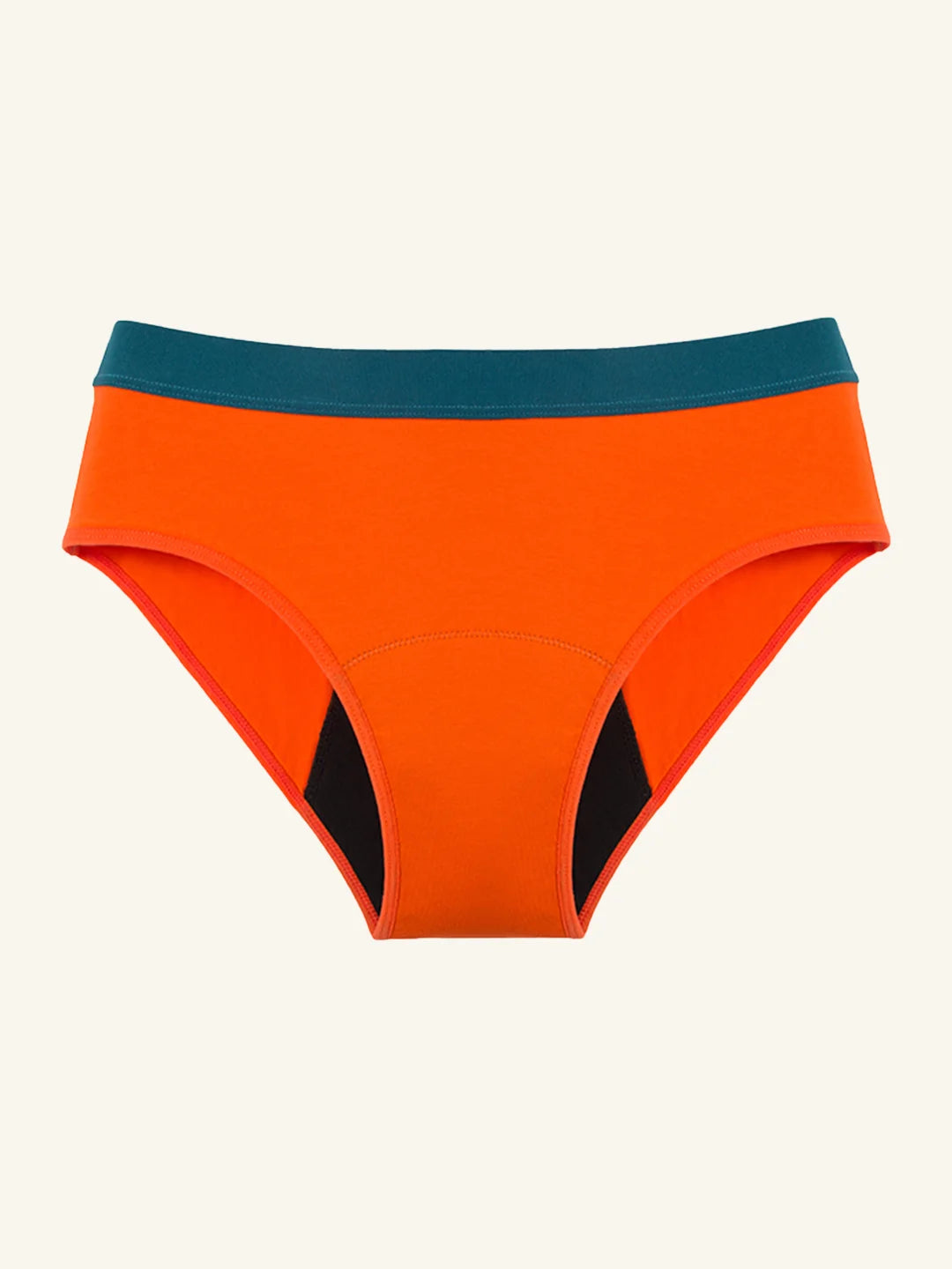 Menstruatie ondergoed oranje, losse hipster brief in vooraanzicht tegen een lichte achtergrond