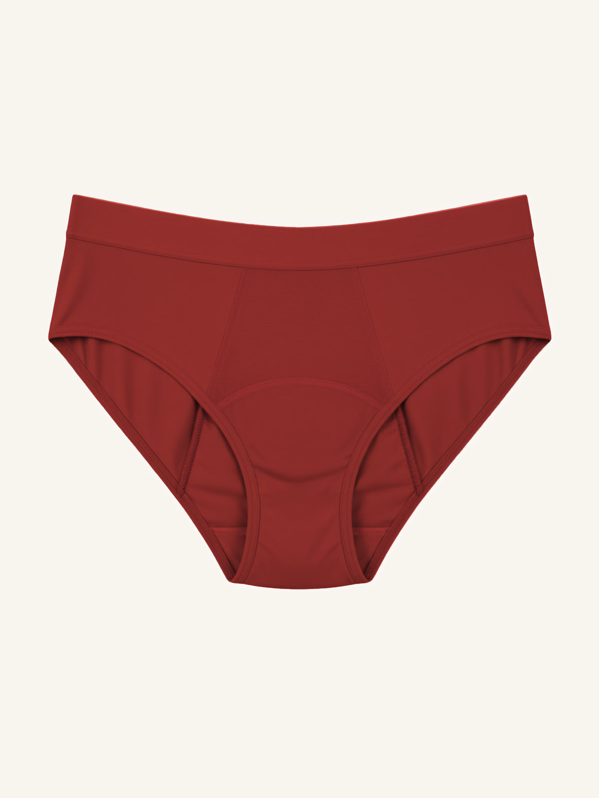 Menstruatie ondergoed rood, losse hugger brief in vooraanzicht tegen een lichte achtergrond