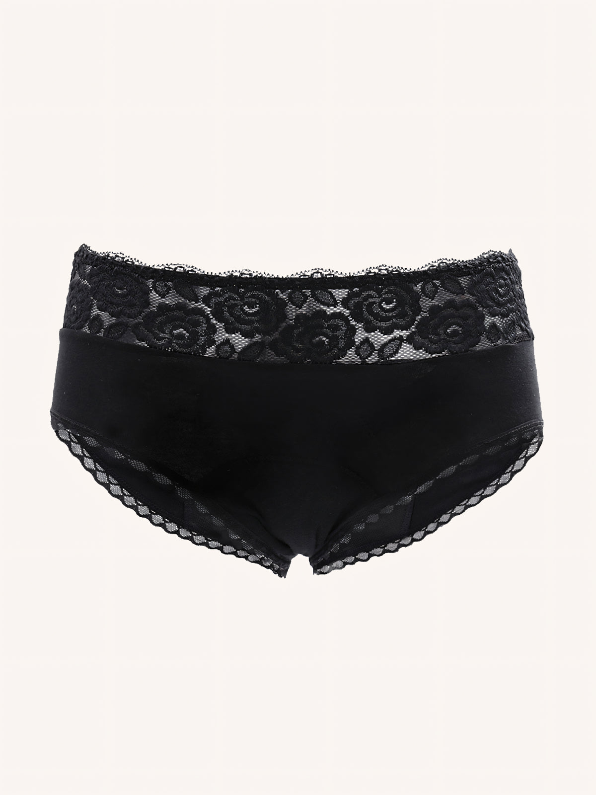 Menstruatie ondergoed, losse classic brief met kant in vooraanzicht tegen een lichte achtergrond